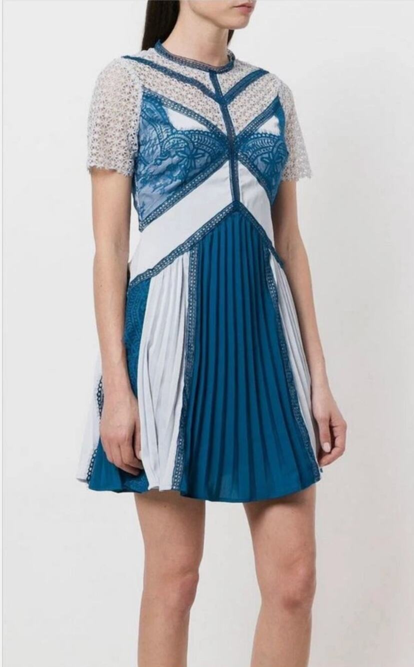 Self-Portrait Lace Panel Pleated Blue Mini Dress Size 2